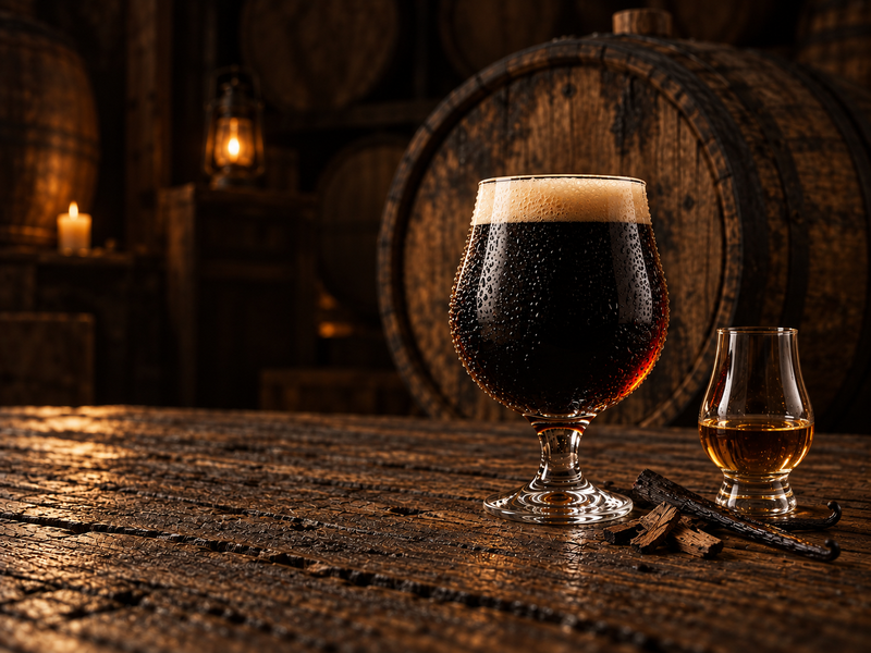 Glas barrel aged stout voor een eikenhouten vat, met een glaasje whisky en eikenhoutsnippers